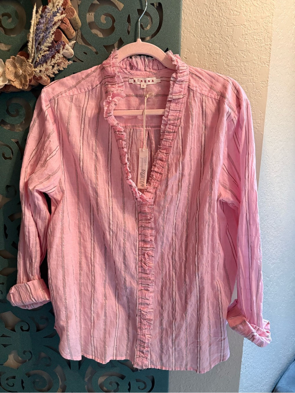 XiRENA Pink Ruffle-Trim Striped Blouse